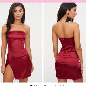 Burgundy bandeau satin split bodycon dress